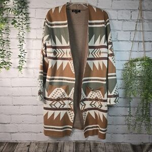 ON 12TH LONG OPEN FRONT CARDIGAN AZTEC DESIGN WOMENS SIZE M